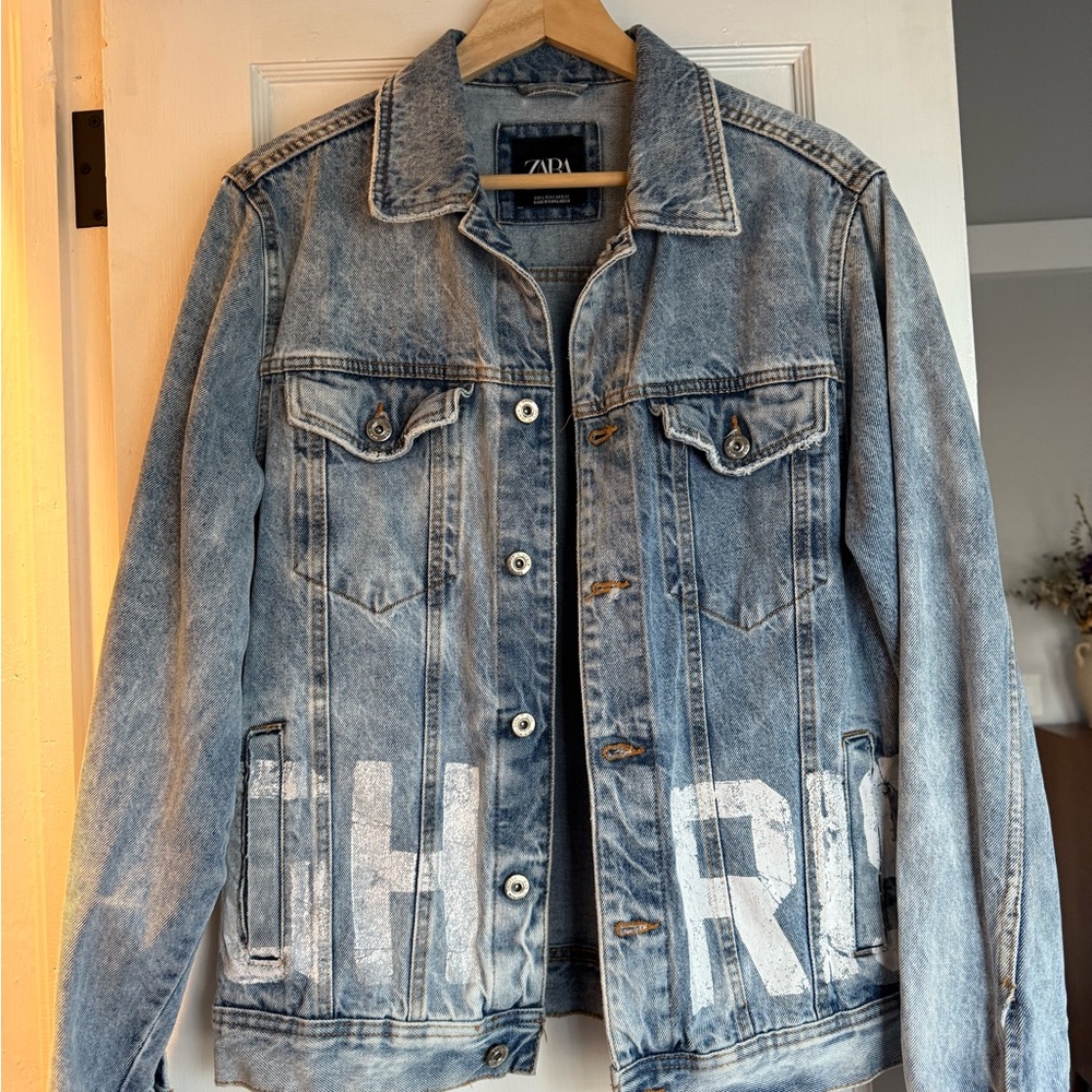 Zara Men’s Blue Denim Jacket with White Lettering